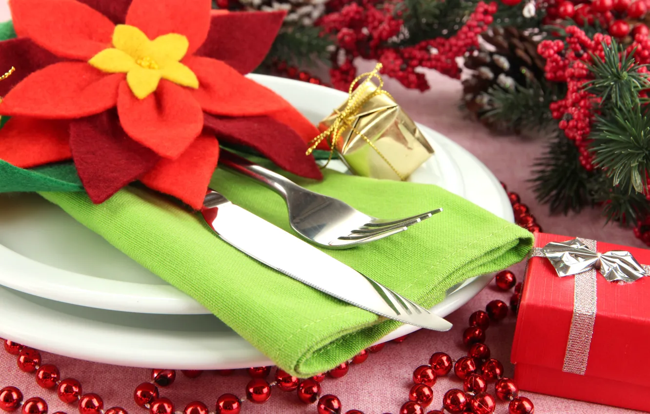 Photo wallpaper table, Christmas, serving, Cutlery