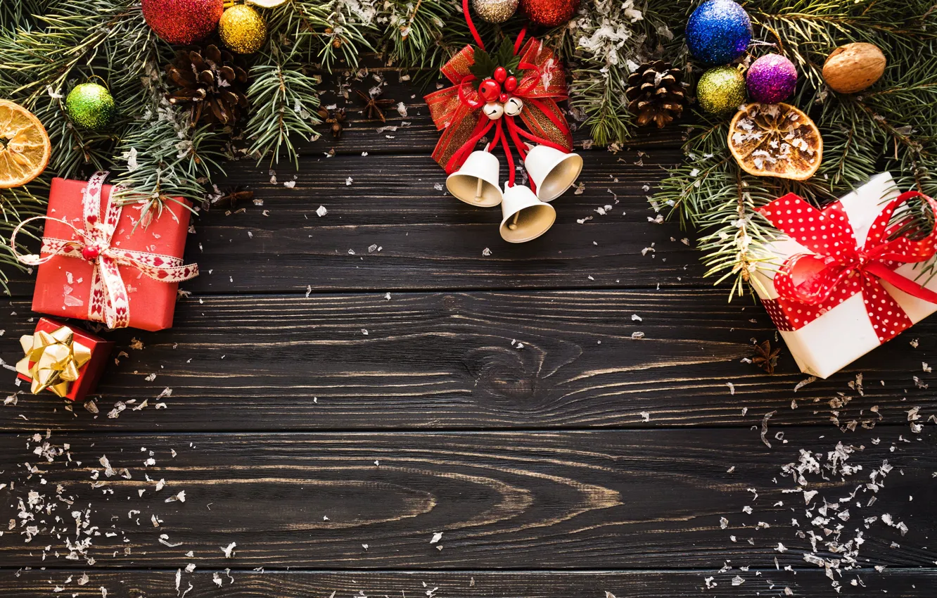 Photo wallpaper fir-tree branches, holiday, new year, decor, bells, toy