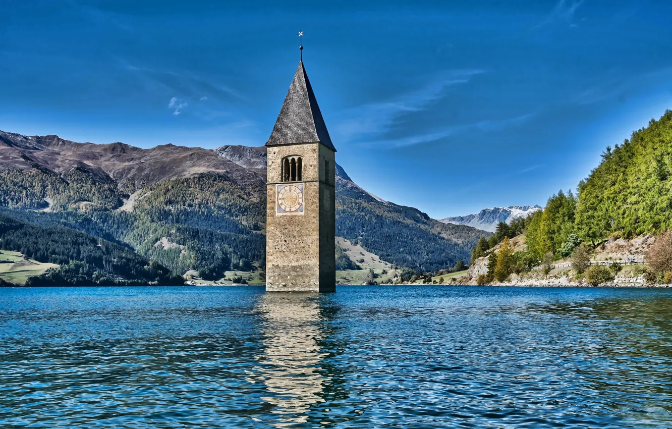 Photo wallpaper lake, tower, Italy, South Tyrol, Reschensee