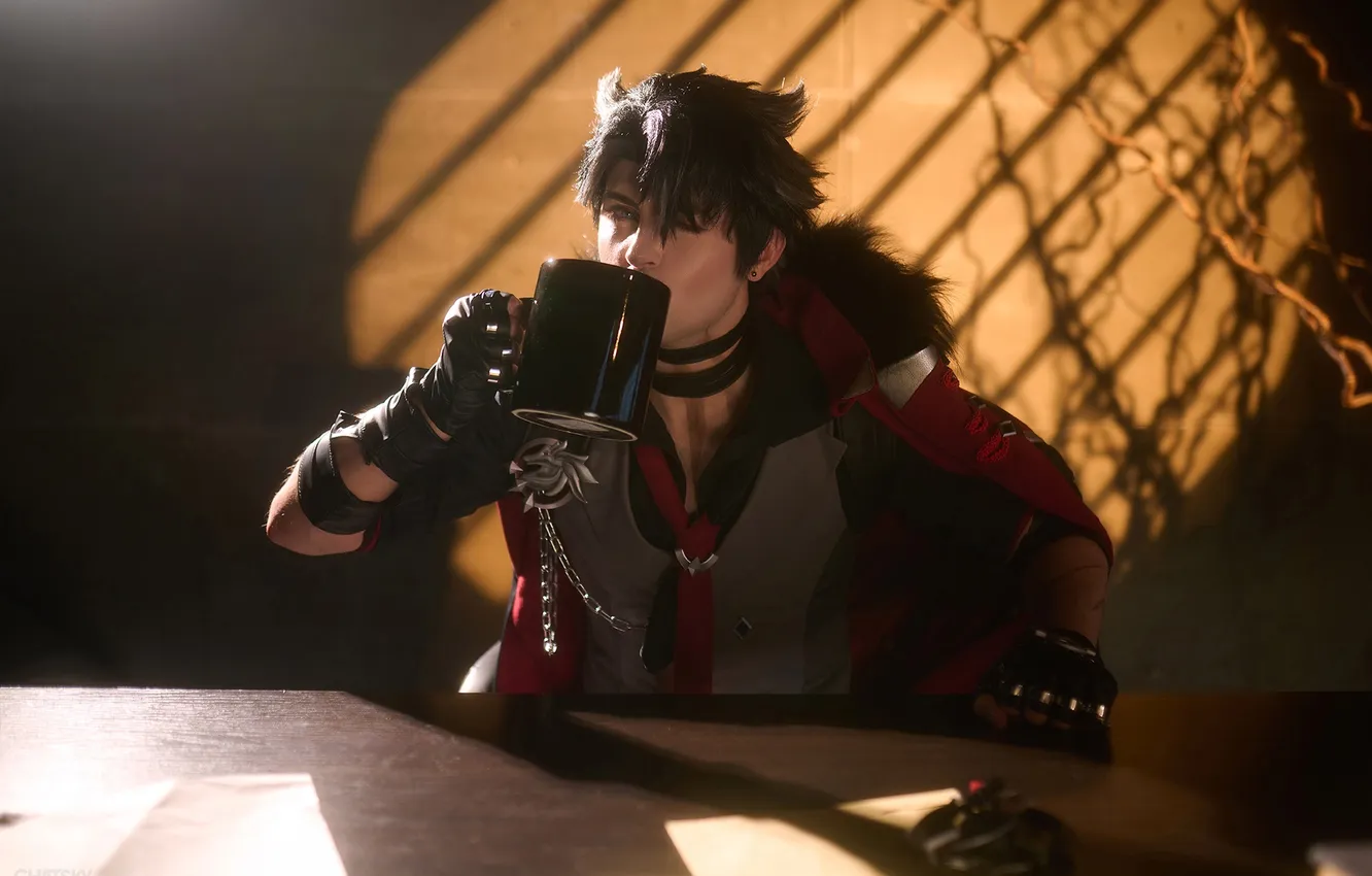 Photo wallpaper table, Cup, guy, office, cosplay, cosplay, Genshin Impact, Grayson