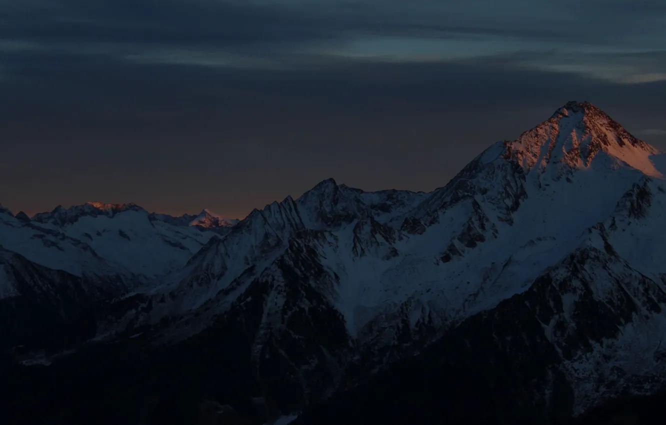 Photo wallpaper winter, the sky, clouds, snow, sunset, mountains, nature, rocks
