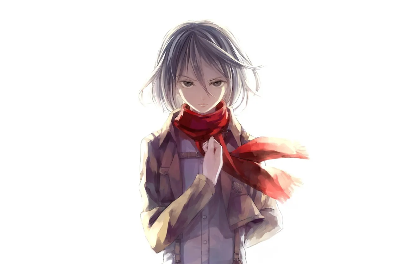 Photo wallpaper white background, military uniform, fanart, Shingeki no Kyojin, Mikasa Ackerman, red scarf, The Invasion Of …