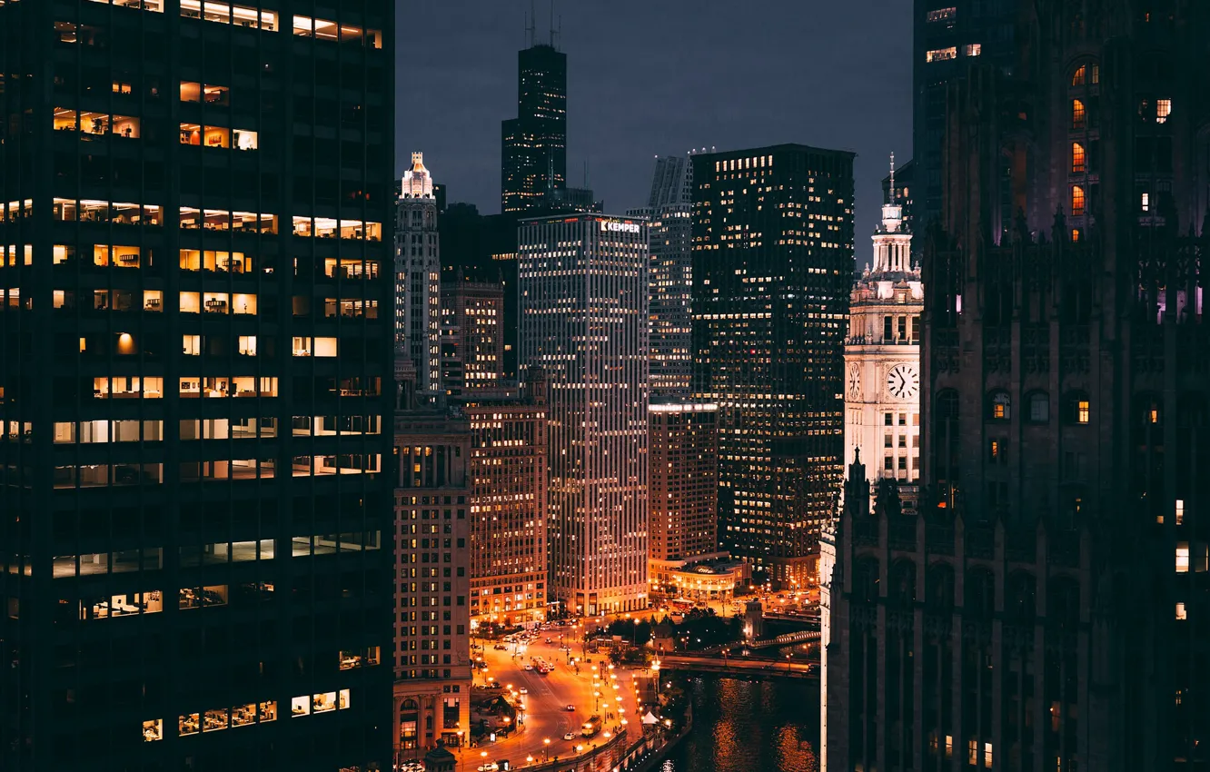 Photo wallpaper night, the city, lights, building, USA