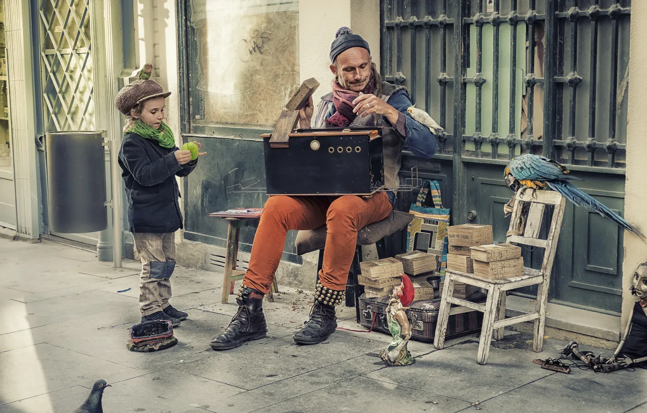 Photo wallpaper the city, bird, street, people, doll