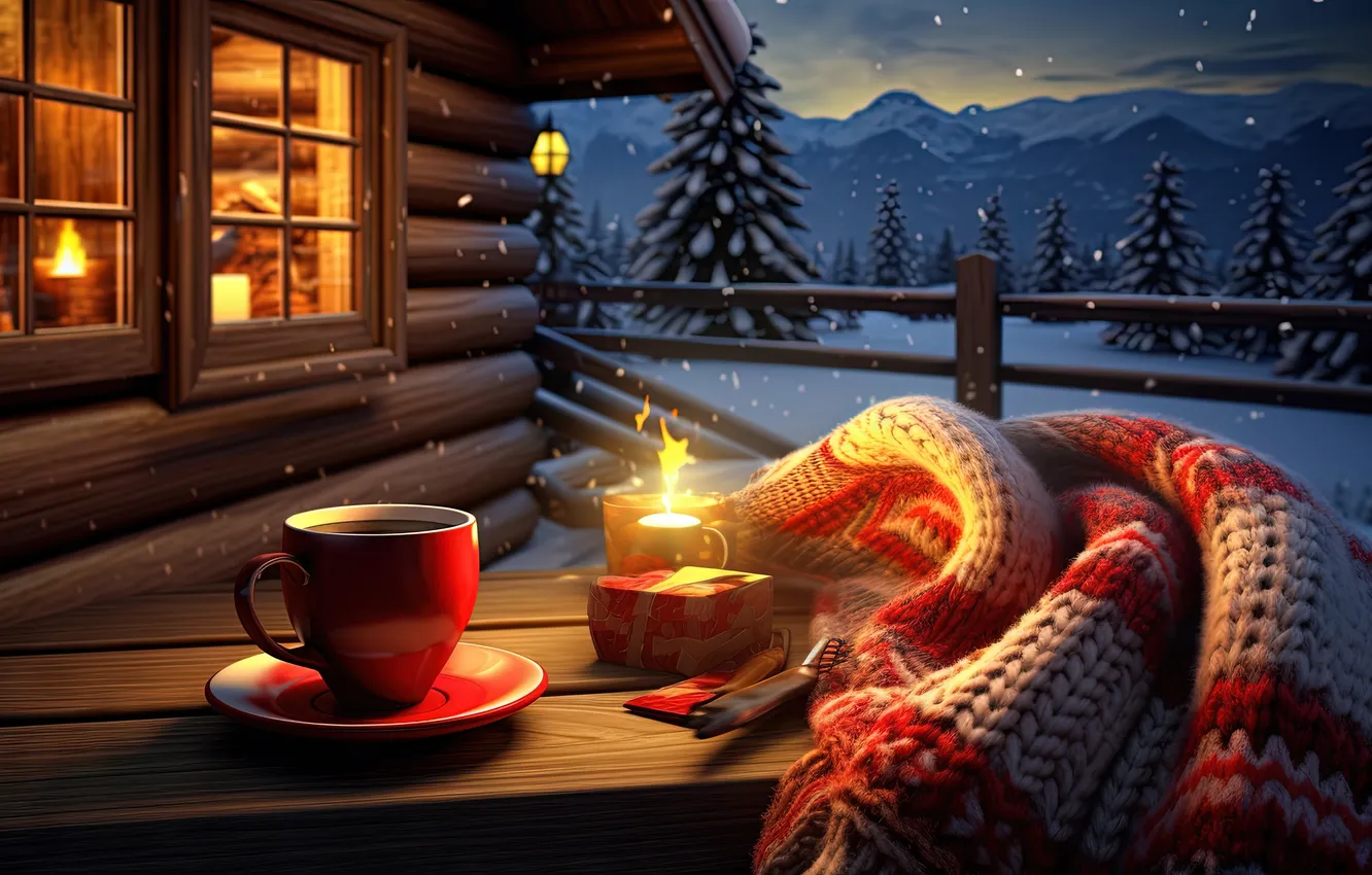 Photo wallpaper winter, snow, mountains, nature, comfort, the evening, candles, plaid