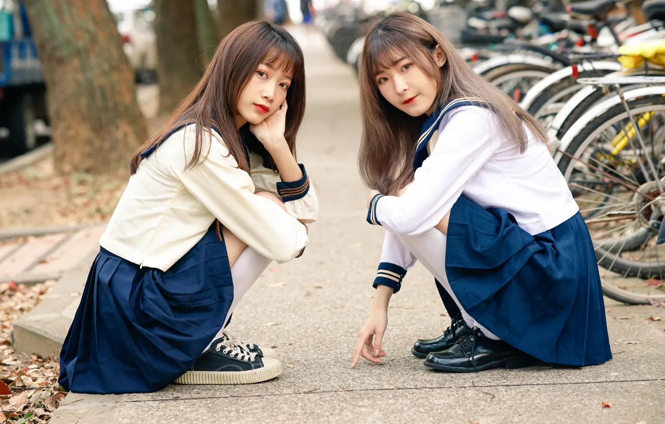 Photo wallpaper bike, pose, street, Asian, uniform, peer, friend, the girls are sitting
