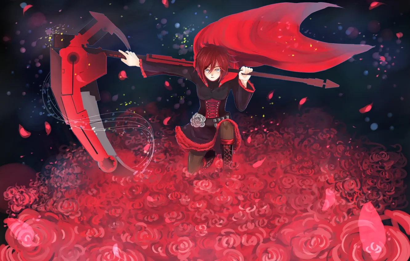 Photo wallpaper girl, flowers, weapons, roses, anime, petals, art, braid