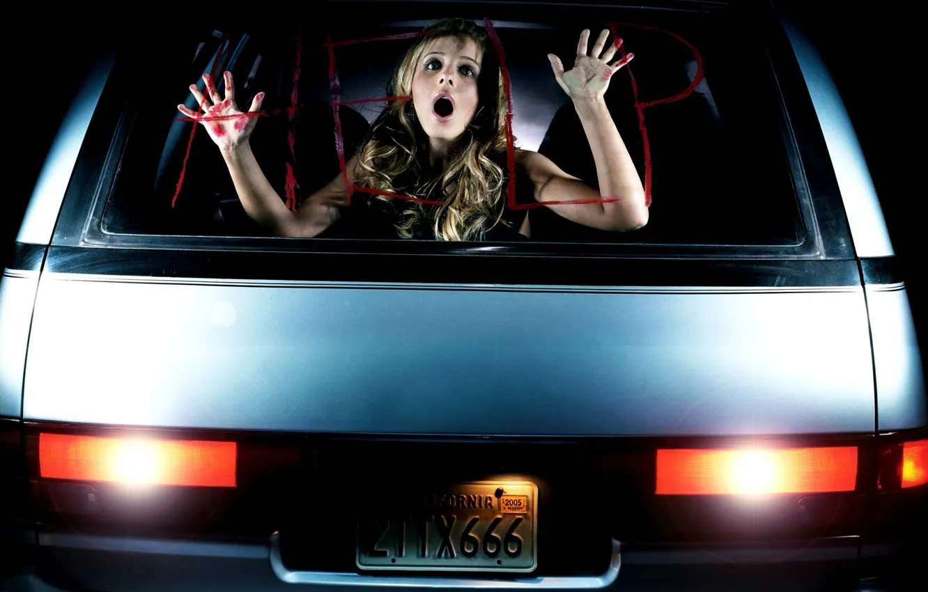 Photo wallpaper auto, the inscription, blood, lights, hands, Sarah Michelle gellar, help