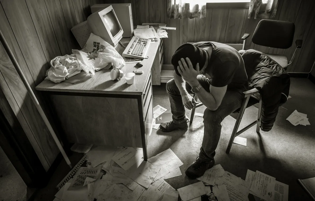 Photo wallpaper computer, male, mess, documents, easy, home office