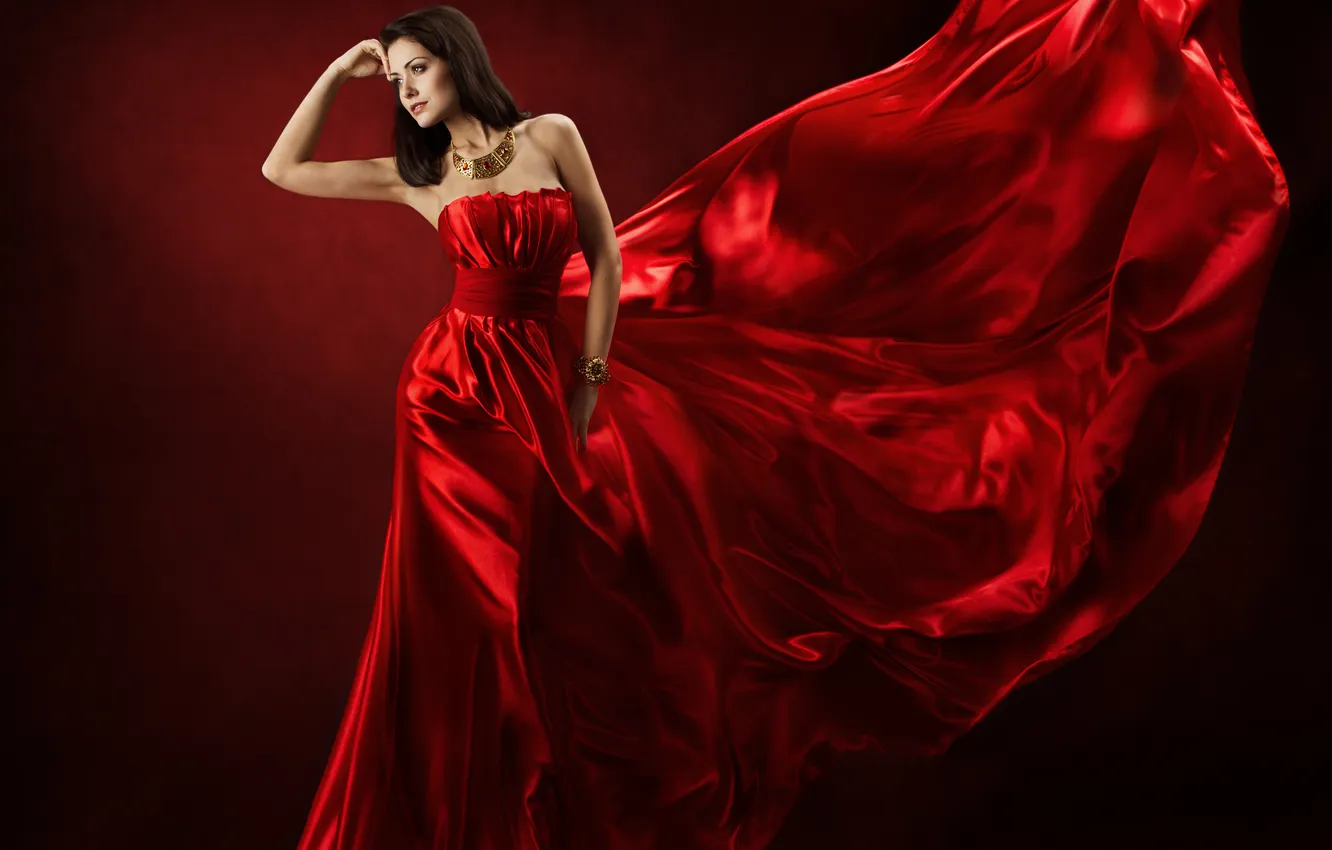 Photo wallpaper red, silk, dress, red, dress, woman, beautiful