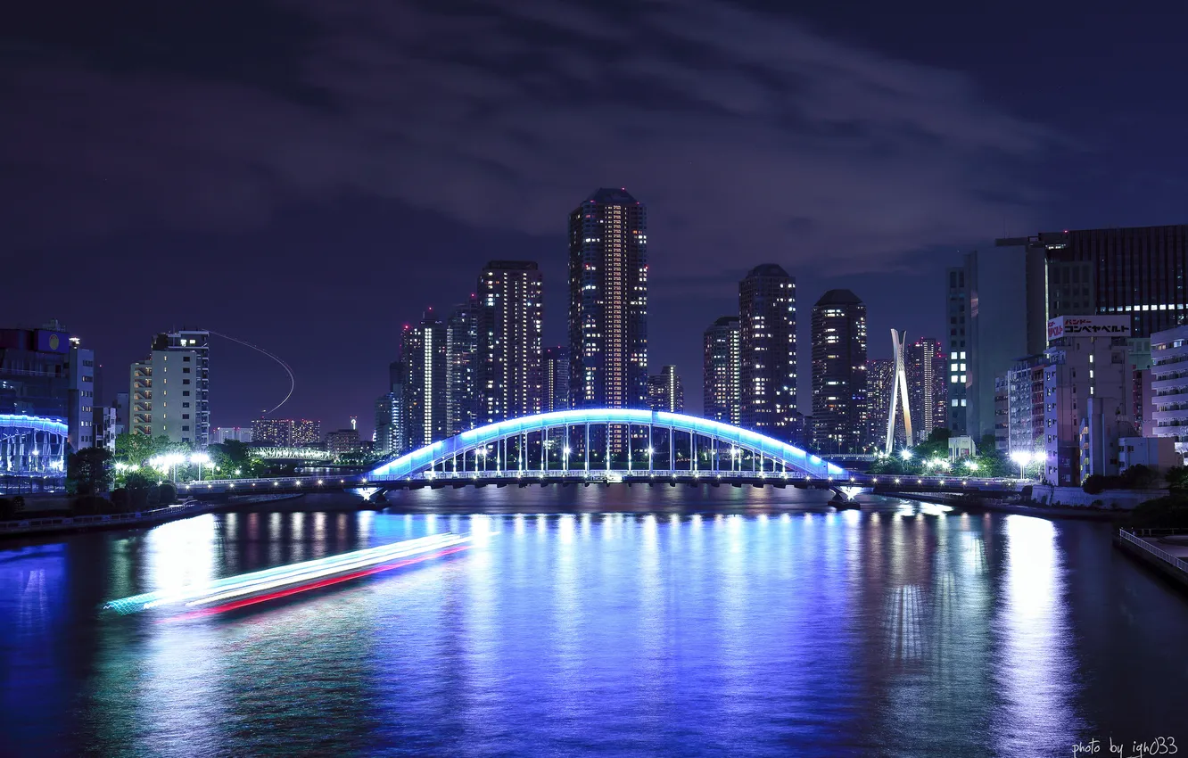 Photo wallpaper light, night, bridge, the city, lights, Strait, river, boat