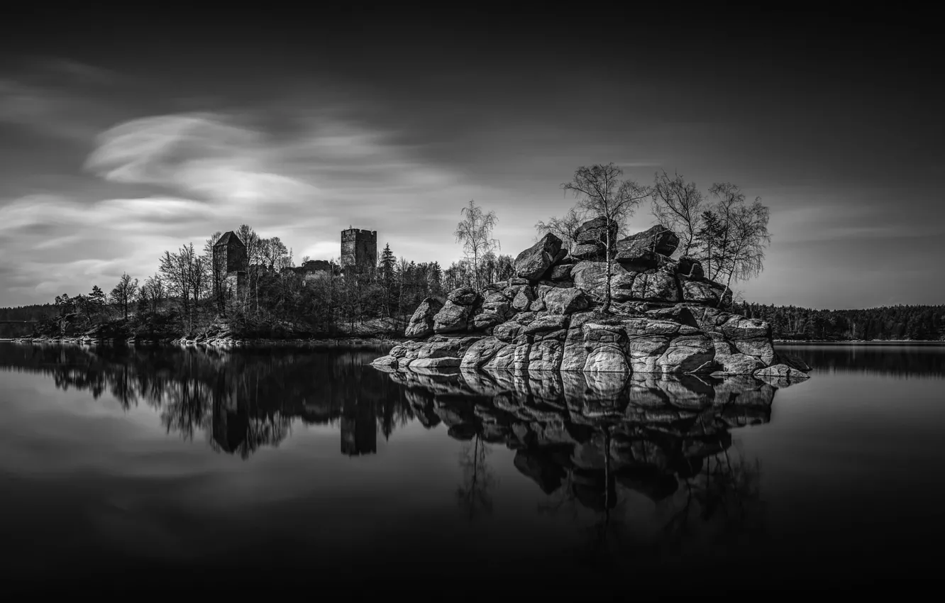 Photo wallpaper water, reflection, stones, castle, Black and White