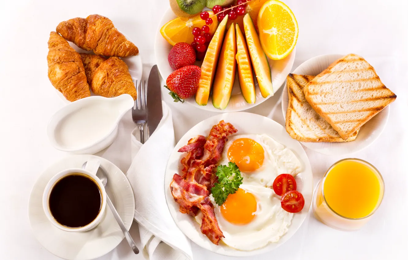 Photo wallpaper coffee, Breakfast, juice, fruit, breakfast, croissant, serving, bacon and eggs