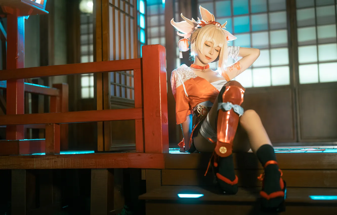 Photo wallpaper model, women, cosplay, asian, Genshin Impact, Yoimiya, Chun Momo