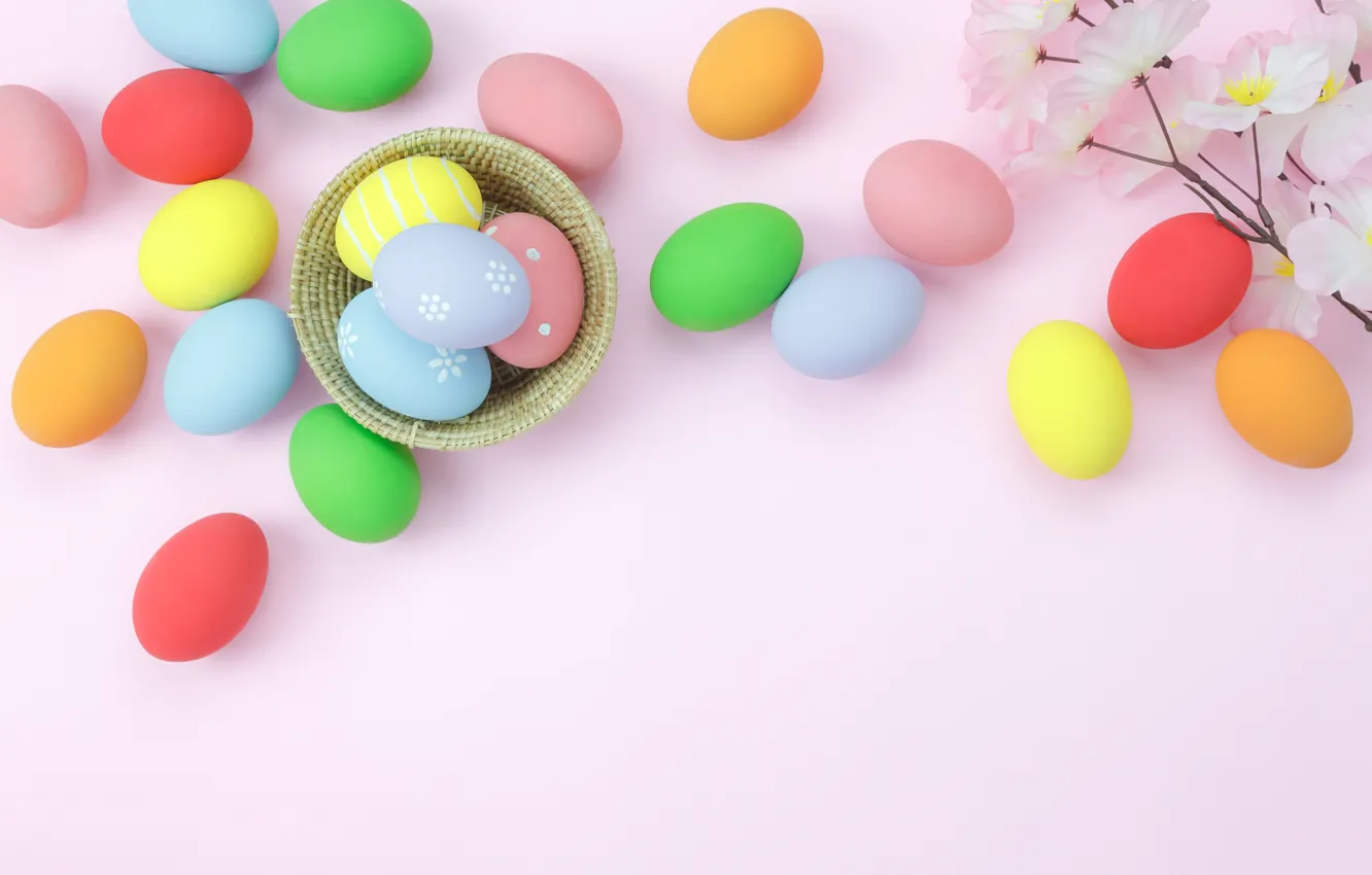 Photo wallpaper flowers, background, eggs, spring, colorful, Easter, pink, wood