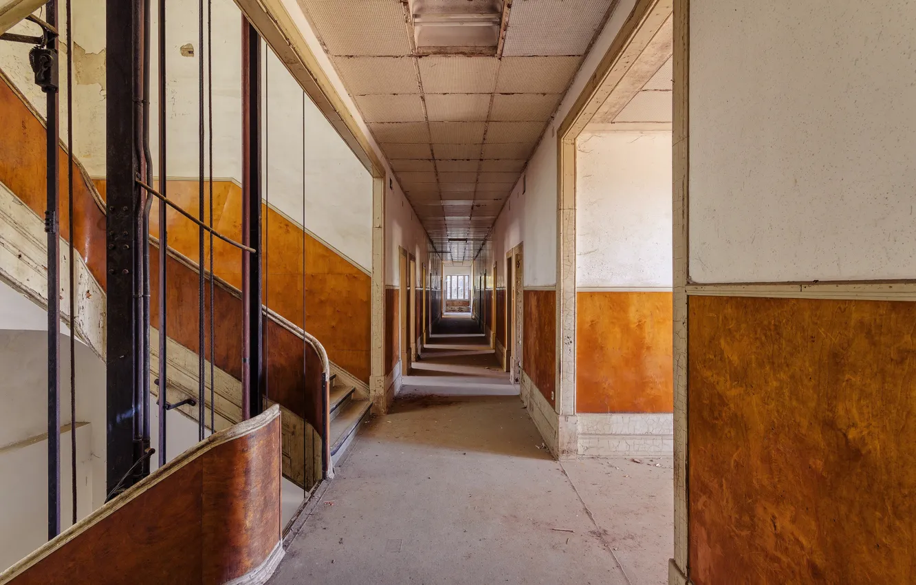 Photo wallpaper shadows, sunlight, abandoned, stairs, corridor, decay, elevator