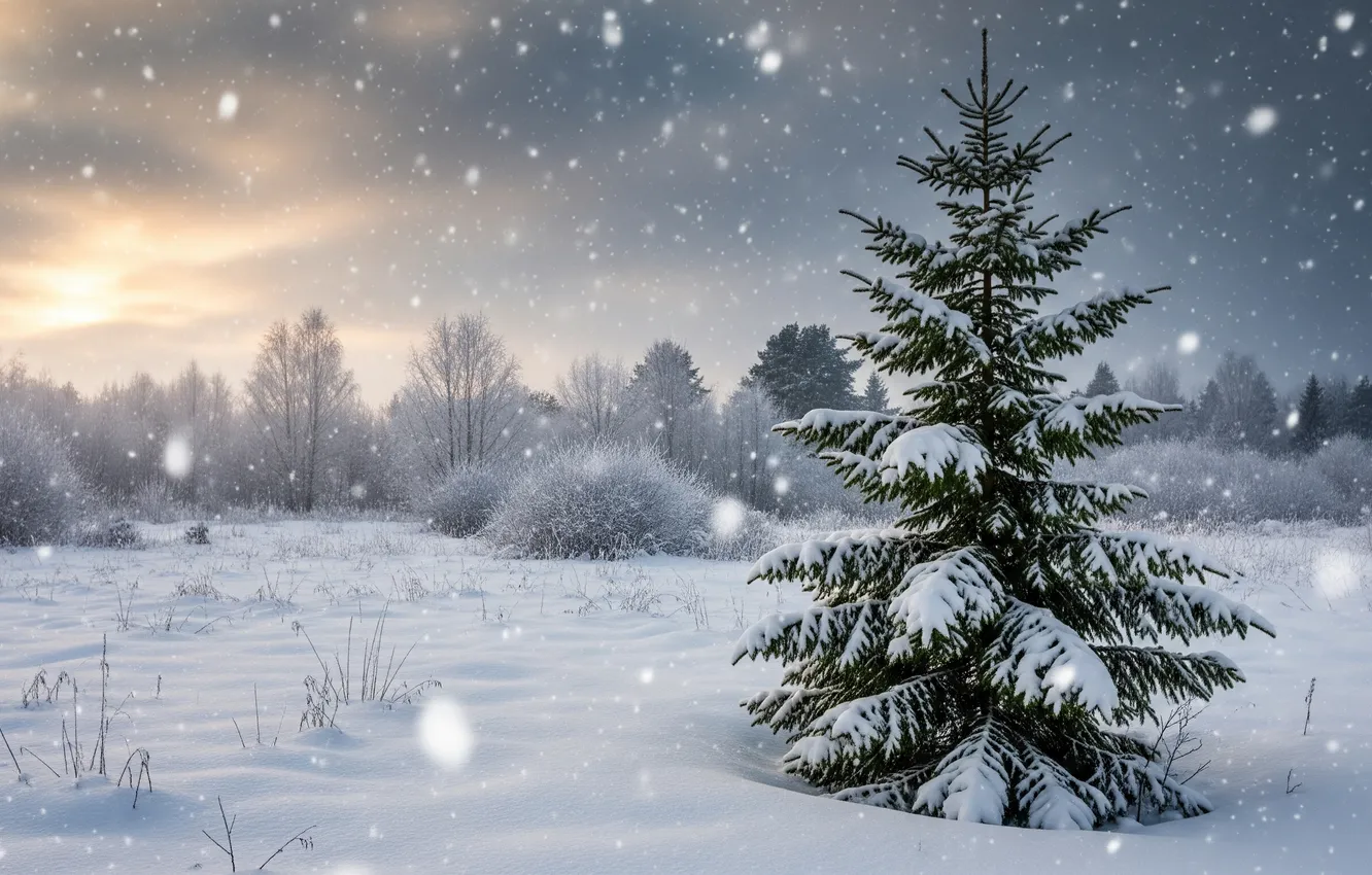 Photo wallpaper winter, snow, sunset, Blizzard, Christmas tree