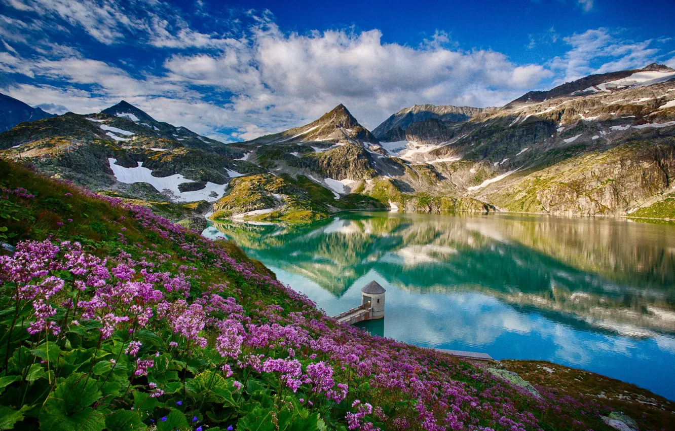 Photo wallpaper mountains, nature, lake, reflection, tower, spring