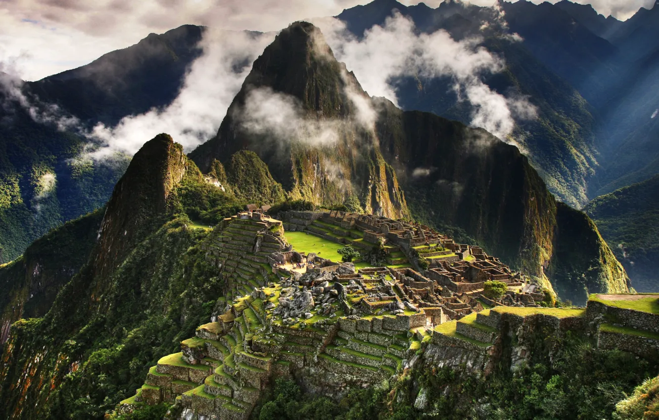 Photo wallpaper clouds, mountains, the city, the ruins, ruins, Peru, Machu Picchu, the Incas