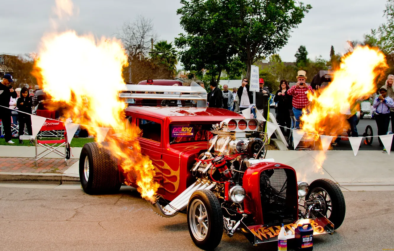 Photo wallpaper engine, flame, Hot Rod, exhaust, drag, the audience, show, Ponte