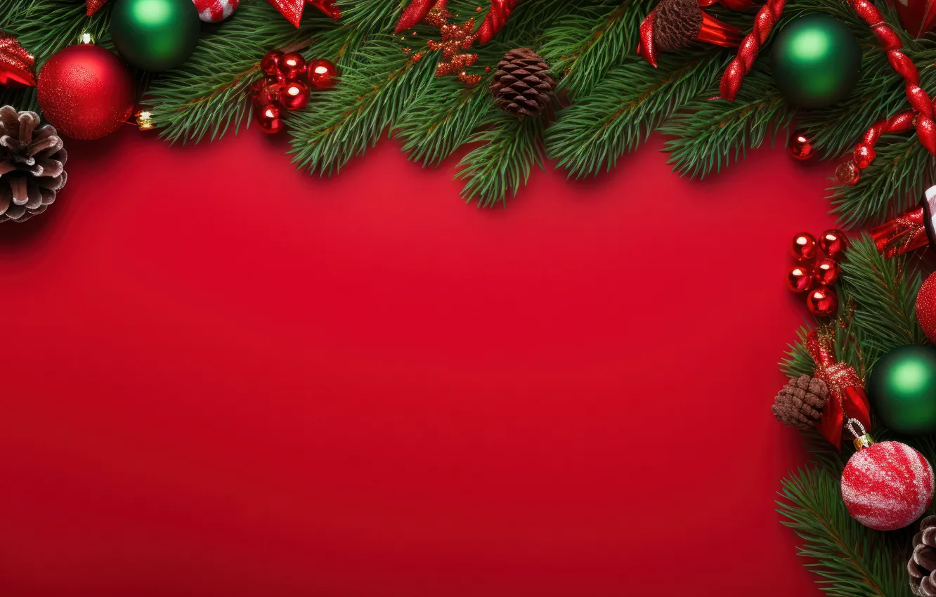 Photo wallpaper balls, branches, red, new year, Christmas, needles, bumps, red background