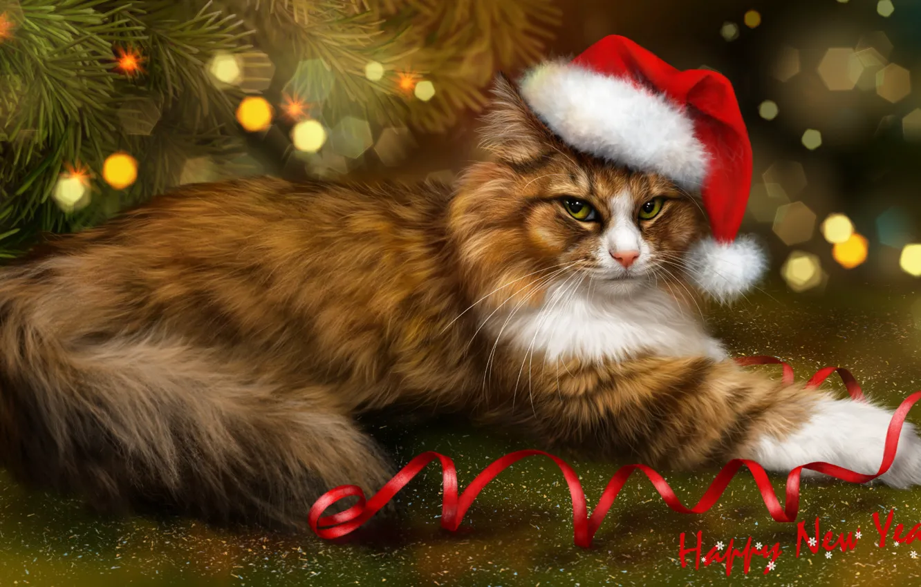 Photo wallpaper cat, fluffy, red, New year, tree, serpentine, cap, cat