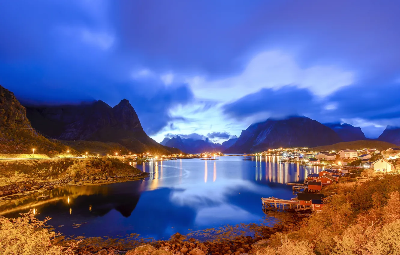 Photo wallpaper clouds, mountains, lights, home, the evening, Norway, Bay, piers