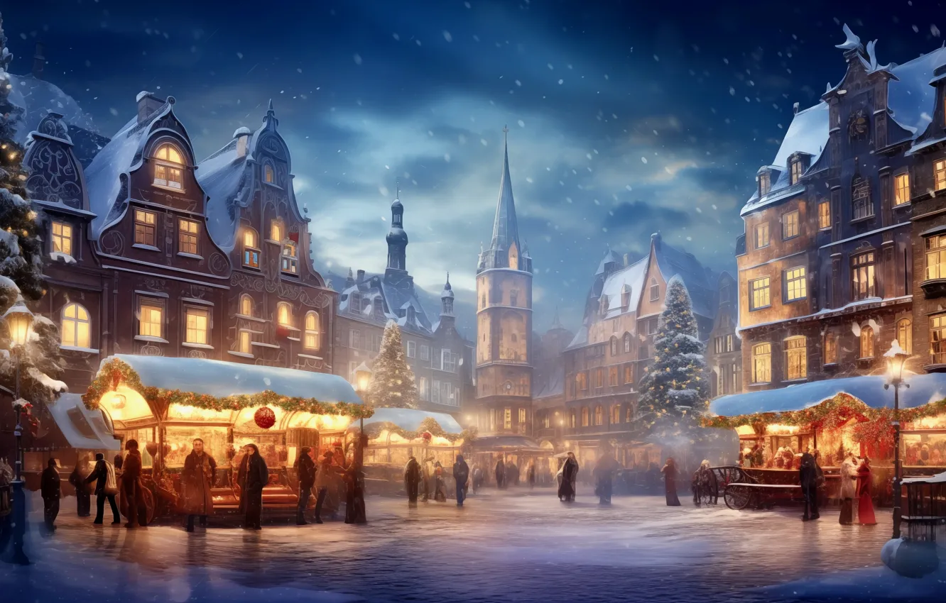 Photo wallpaper winter, snow, the city, people, holiday, building, home, Christmas