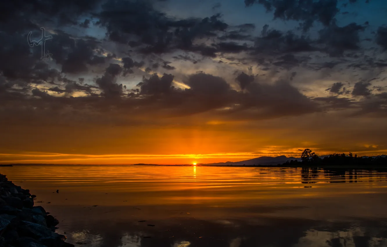 Photo wallpaper water, the sun, clouds, sunset, glow