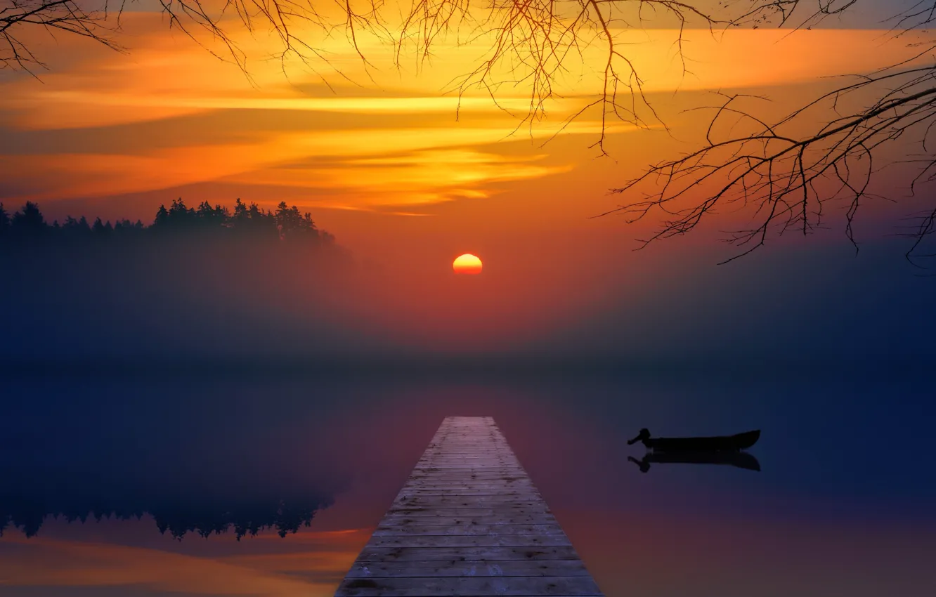 Photo wallpaper sunset, fog, lake, boat, pier, the bridge