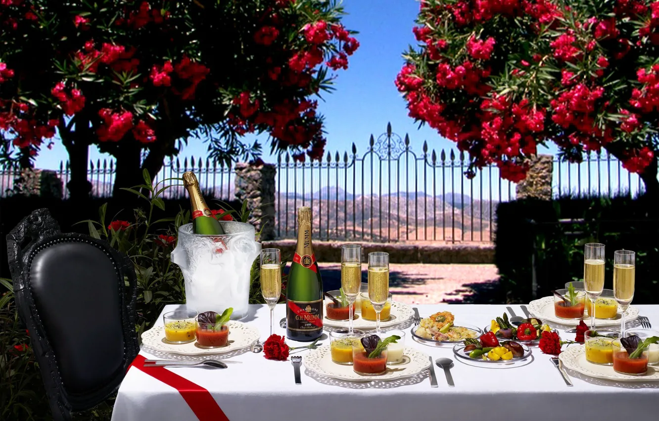 Photo wallpaper holiday, glass, food, champagne, dessert, serving