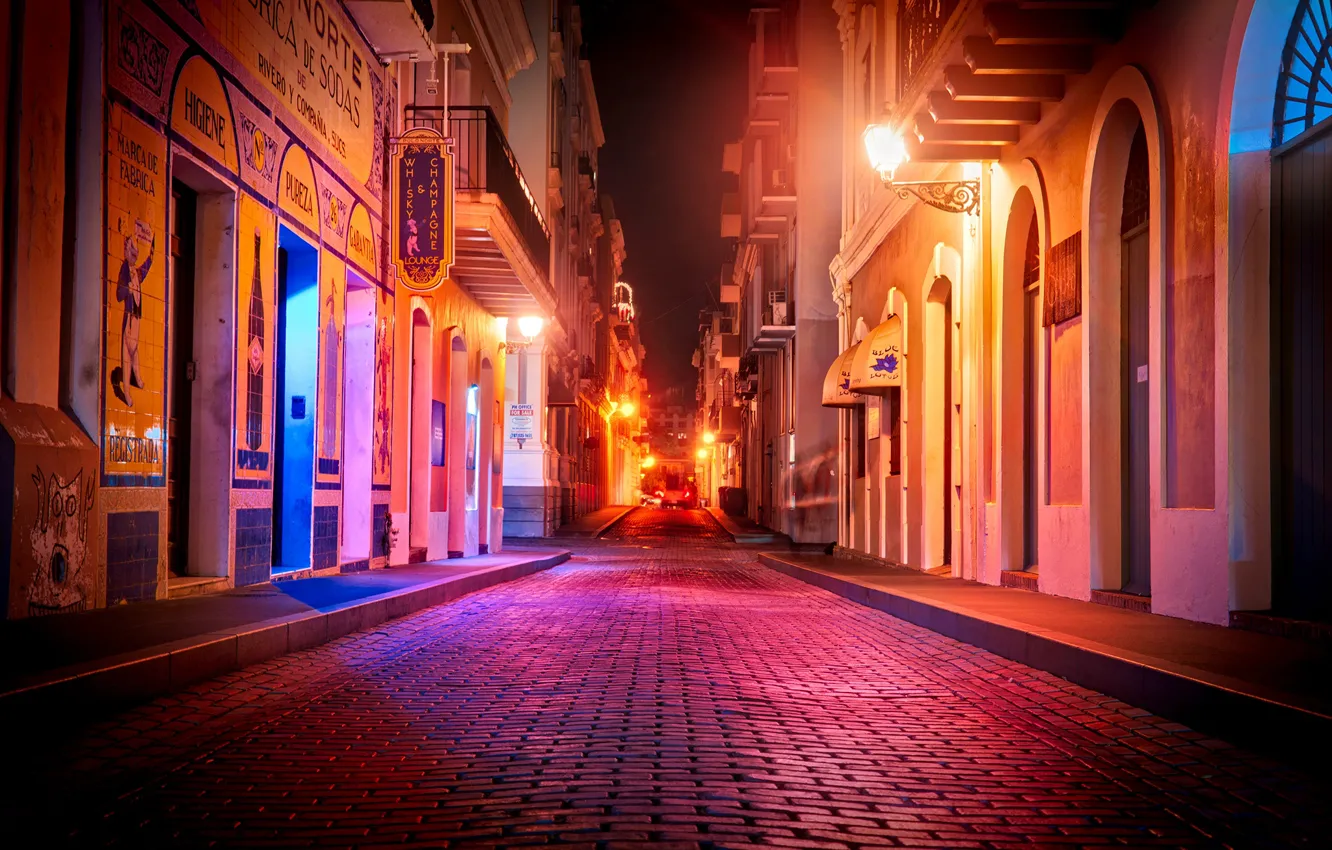 Photo wallpaper road, night, lights, street, home, lights, the sidewalk, Puerto Rico