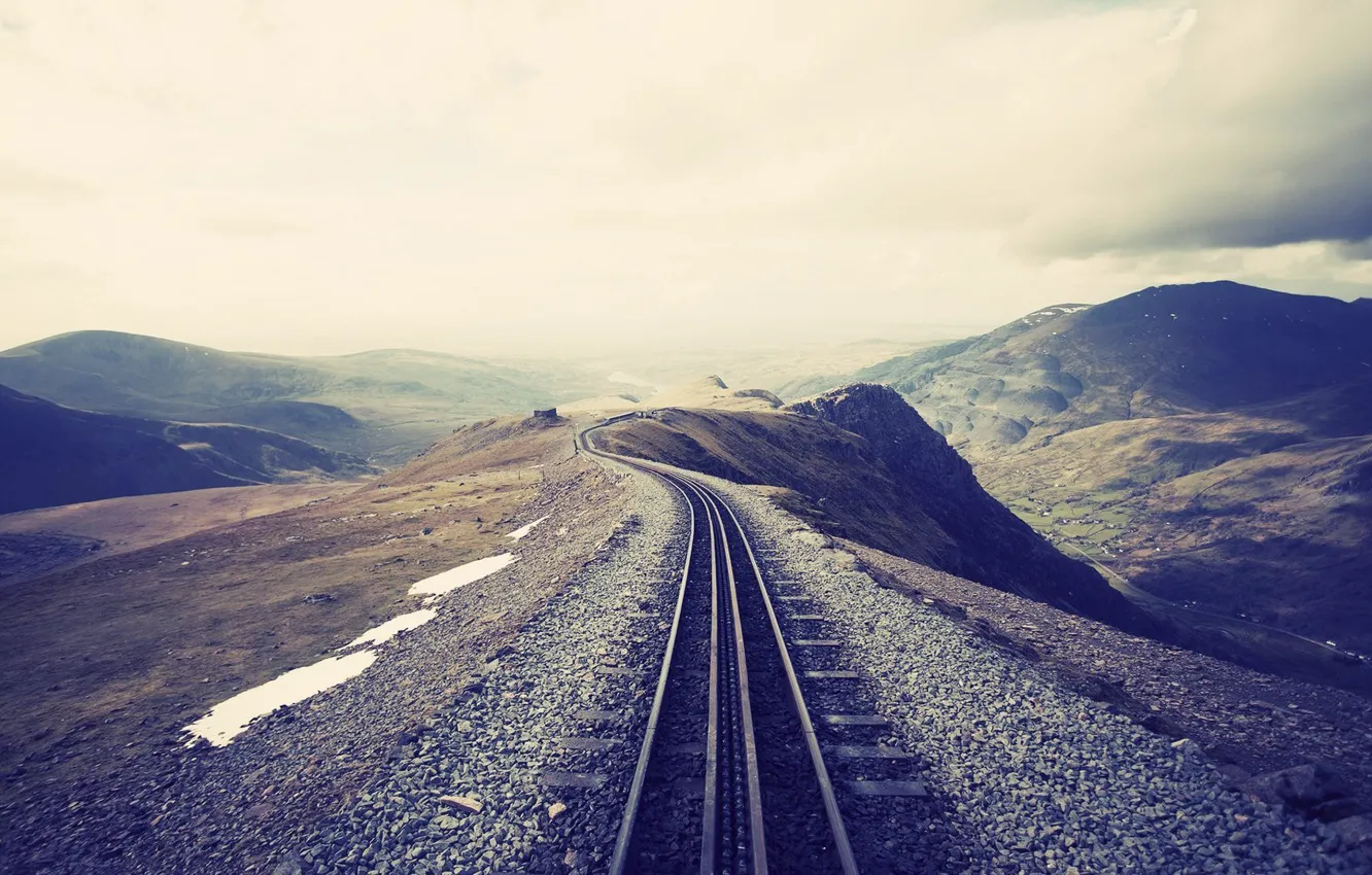 Photo wallpaper mountains, height, railroad, Tracks