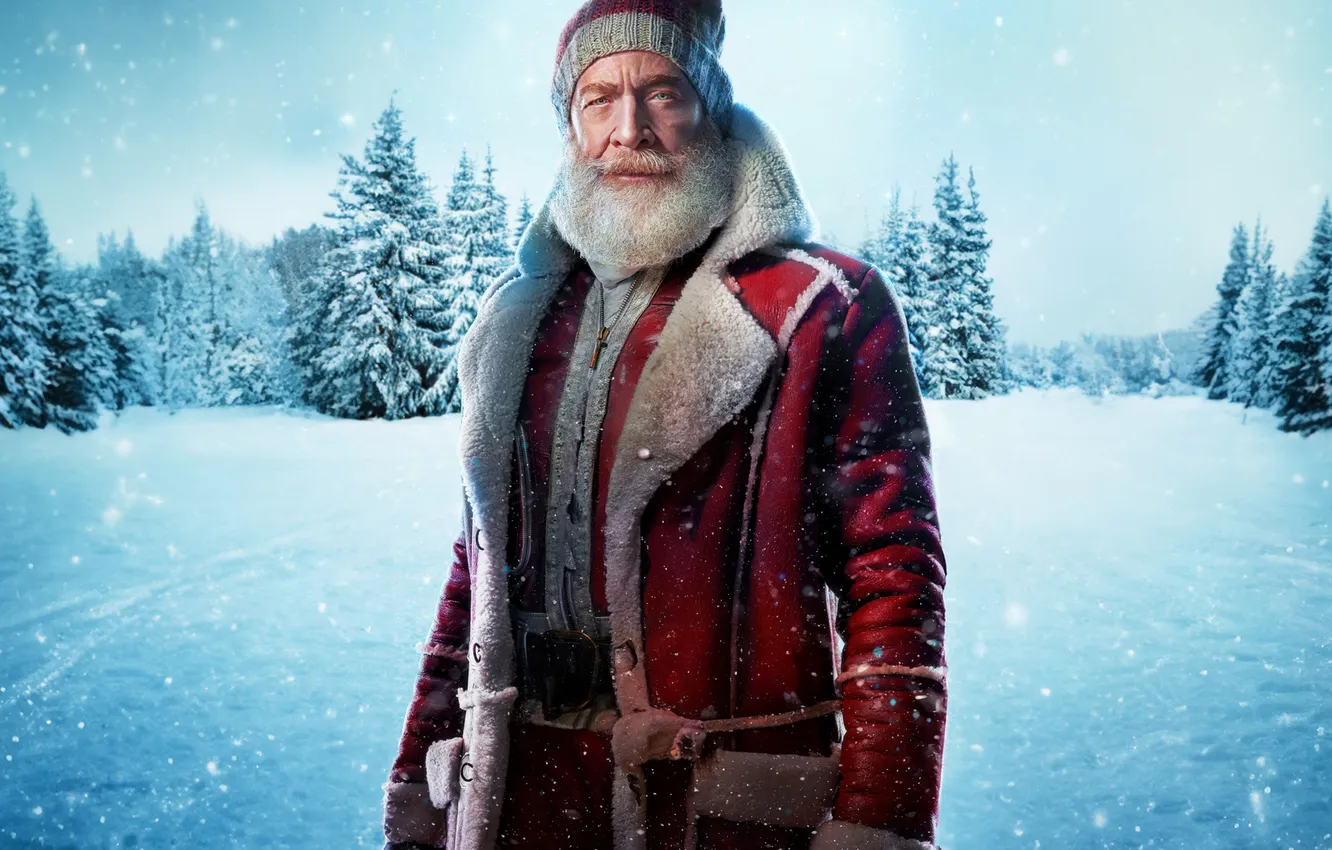 Photo wallpaper winter, forest, snow, hat, grandfather, coat, Red One