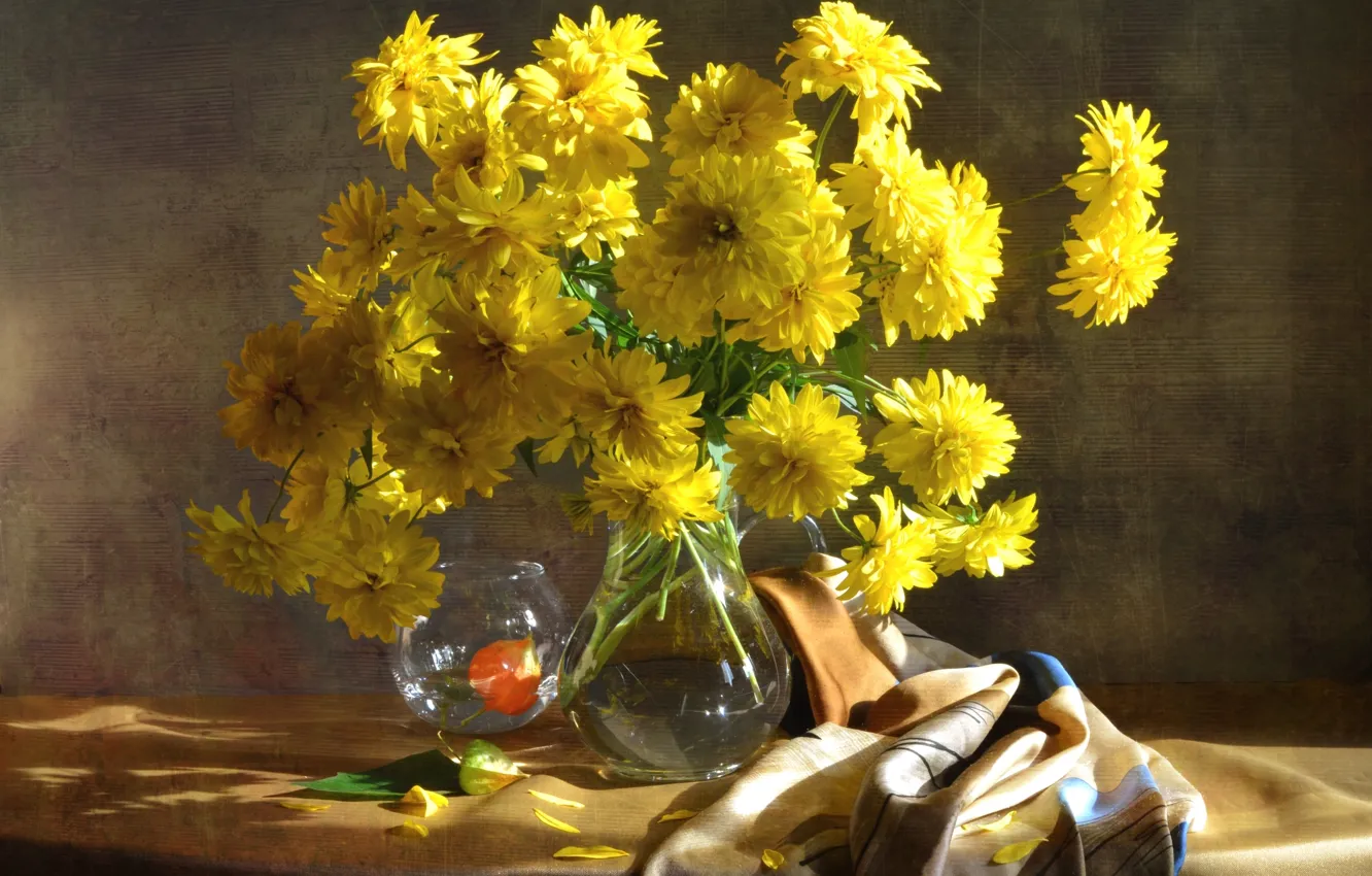Photo wallpaper yellow, bouquet, physalis, rudbeckia
