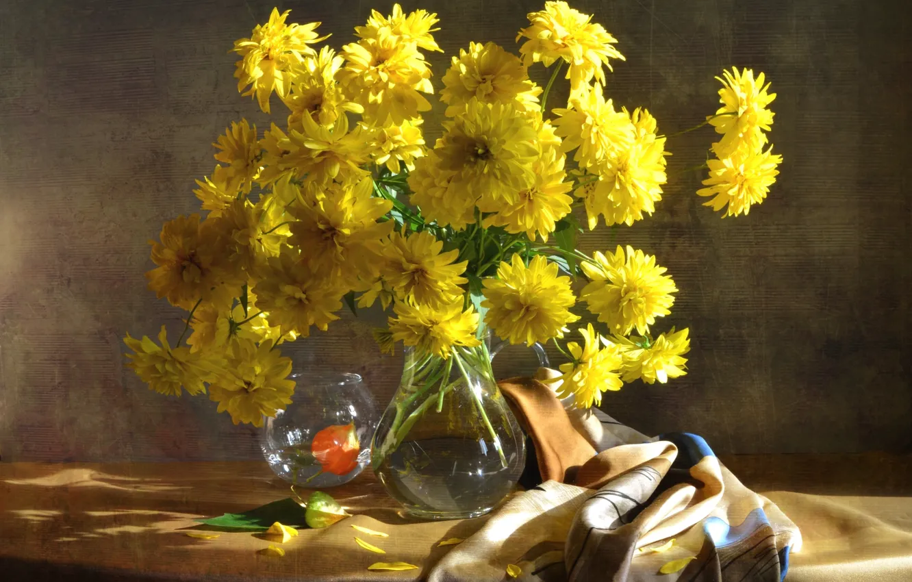 Photo wallpaper physalis, rudbeckia, yellow, bouquet