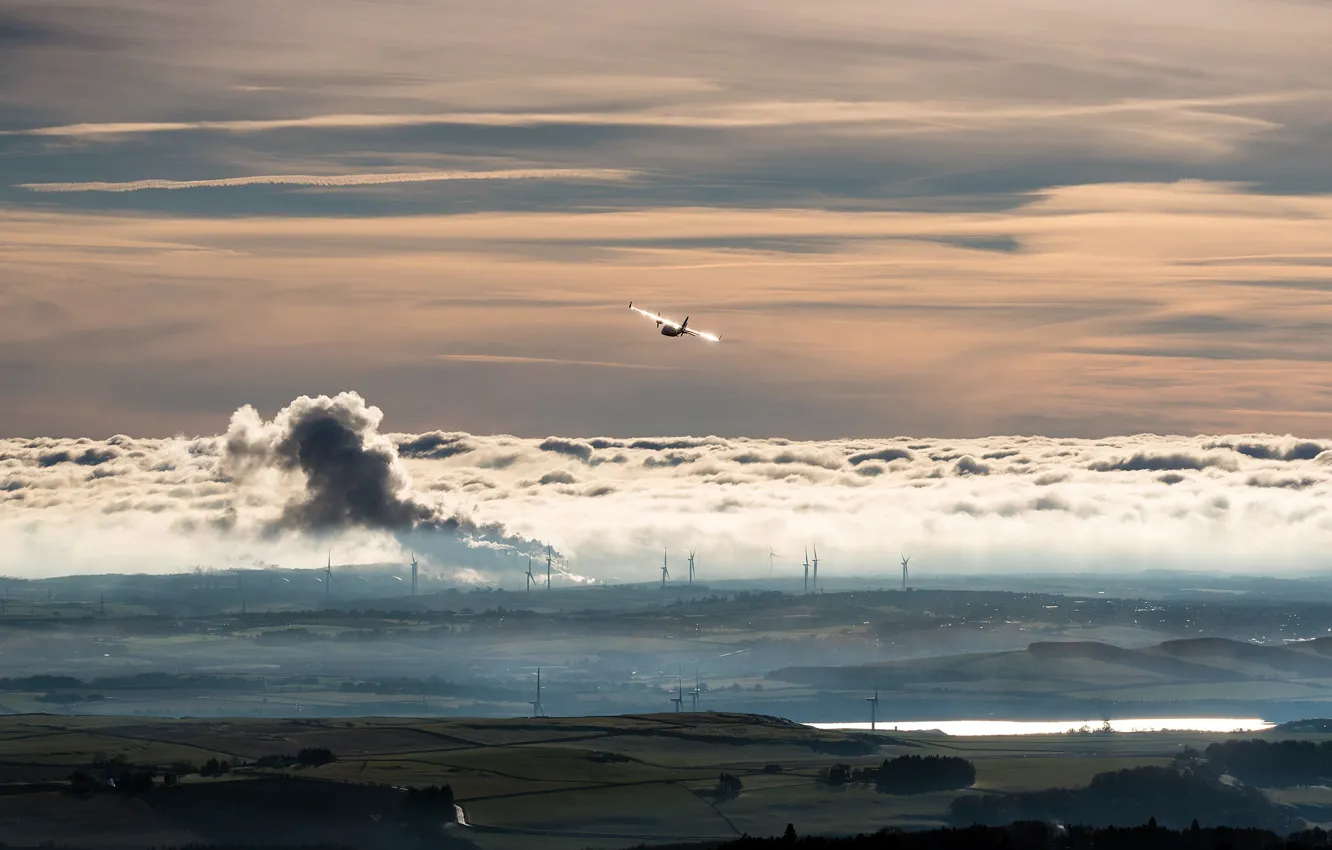 Photo wallpaper landscape, nature, fog, the evening, valley, windmills, the plane