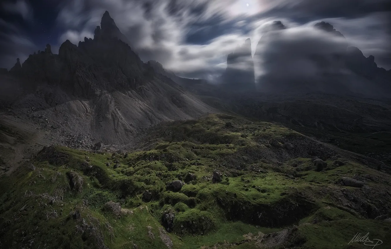 Photo wallpaper clouds, light, mountains, night, rocks, the moon