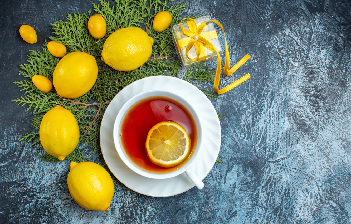 Photo wallpaper table, gift, lemon, tea, the tea party, Cup, dishes, grey background