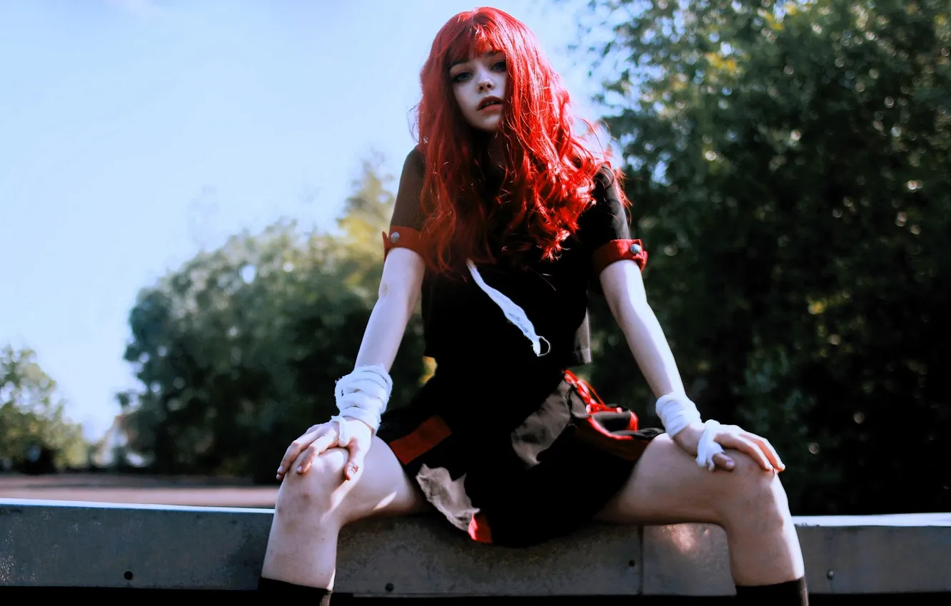 Photo wallpaper trees, costume, outfit, image, cosplay, bandages, red hair, Tenletters