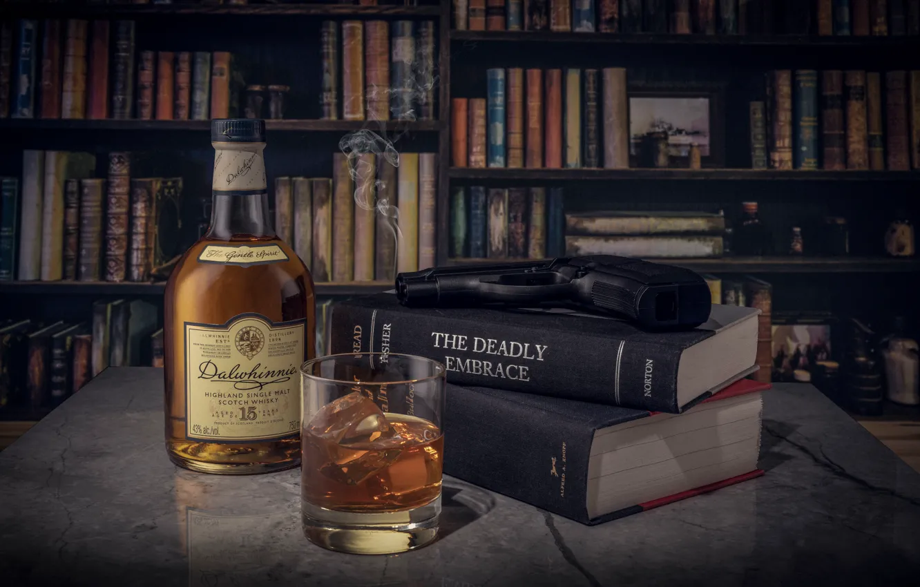 Photo wallpaper glass, style, gun, bottle, book, still life, whiskey