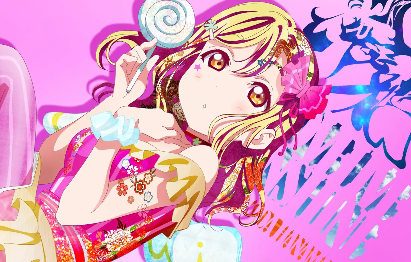 Photo wallpaper look, girl, pink background, Love Live School Idol Project, Lollipop, Living love