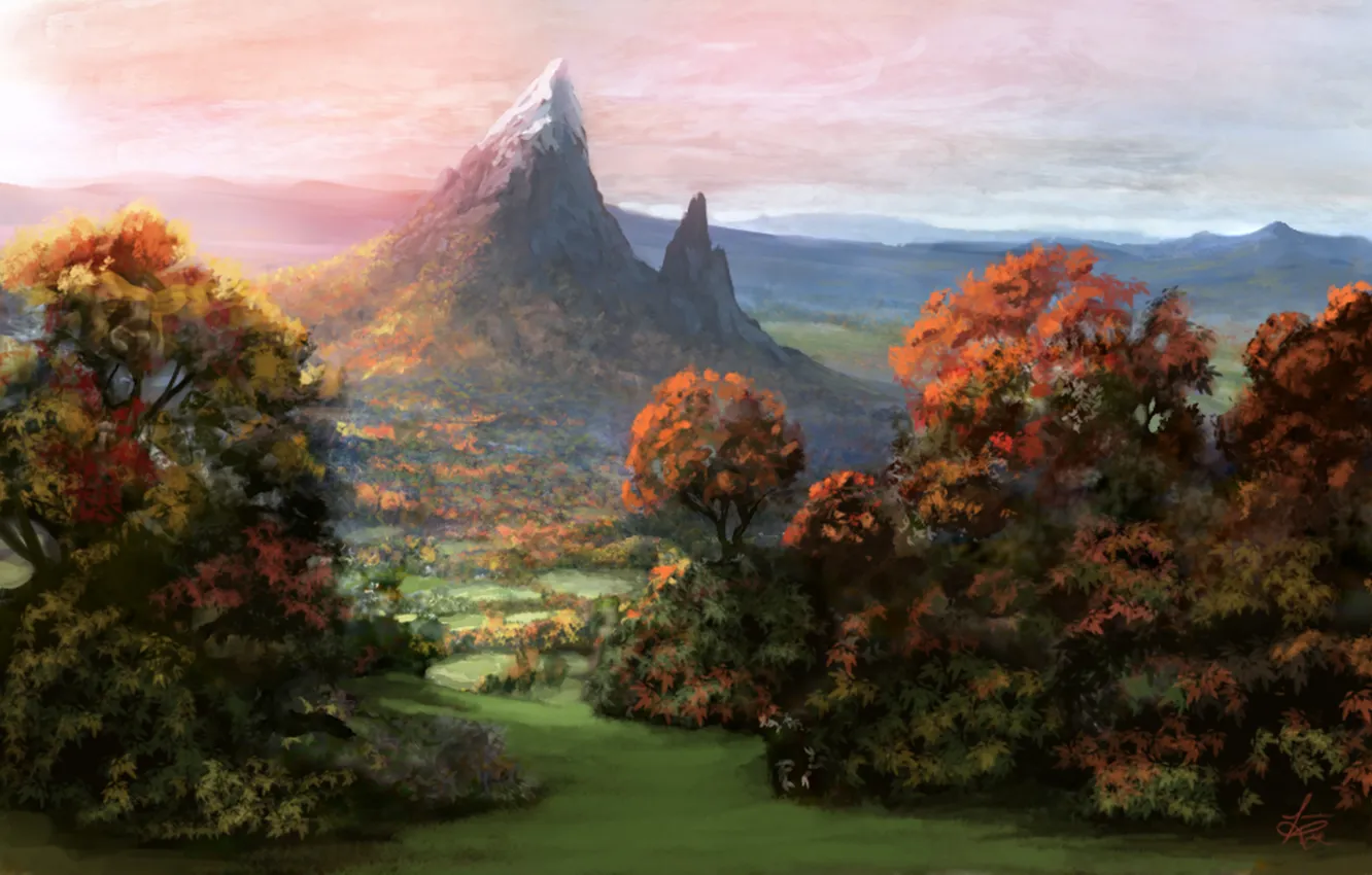 Photo wallpaper autumn, the sky, grass, snow, trees, mountains, art