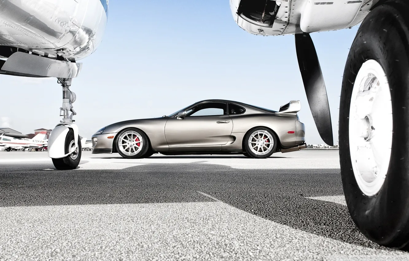 Photo wallpaper wheel, airport, Toyota, the plane, cars, auto, Supra