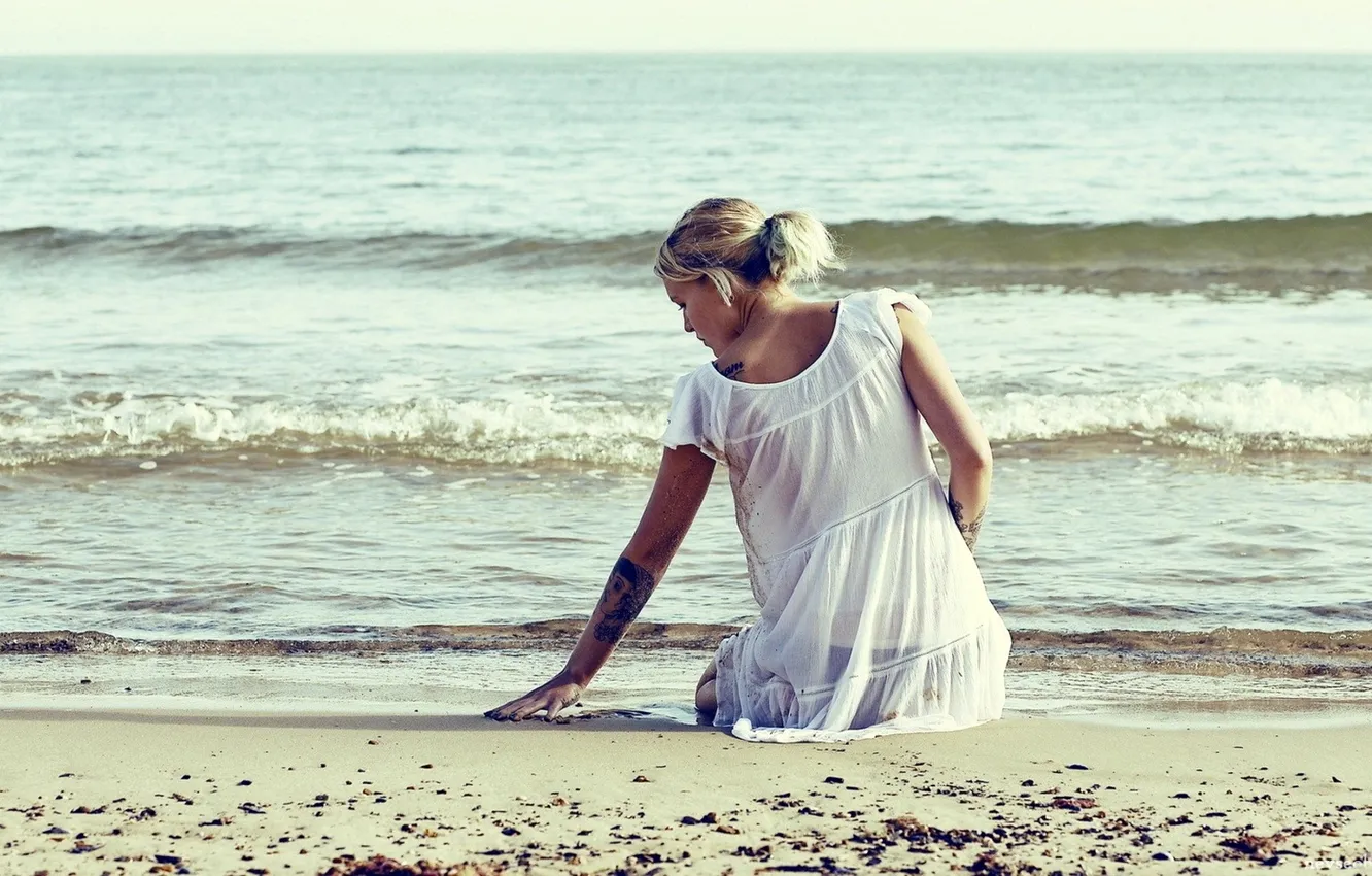 Photo wallpaper sand, girl, shore, blonde, tattoo, sundress