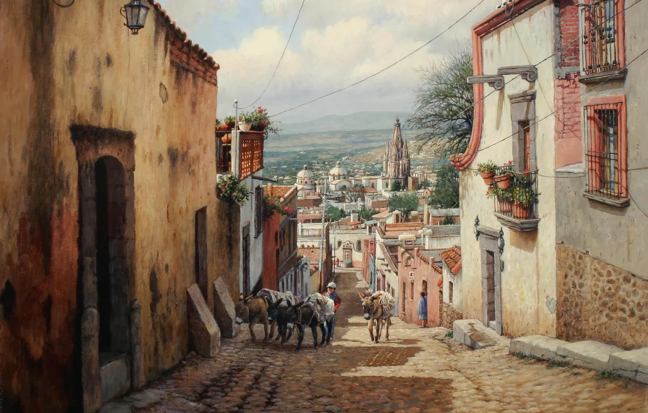 Photo wallpaper trees, flowers, the city, street, wire, home, picture, art