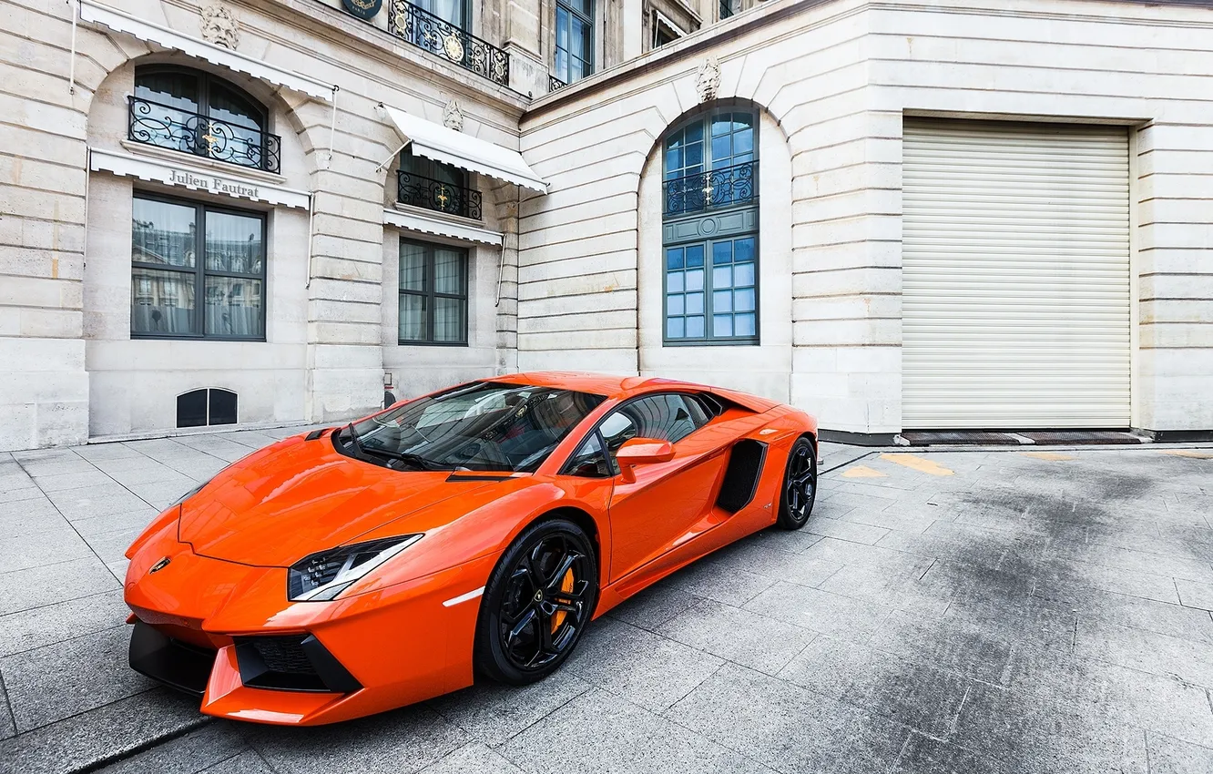 Photo wallpaper orange, building, Lamborghini, window, side view, orange, LP700-4, Aventador