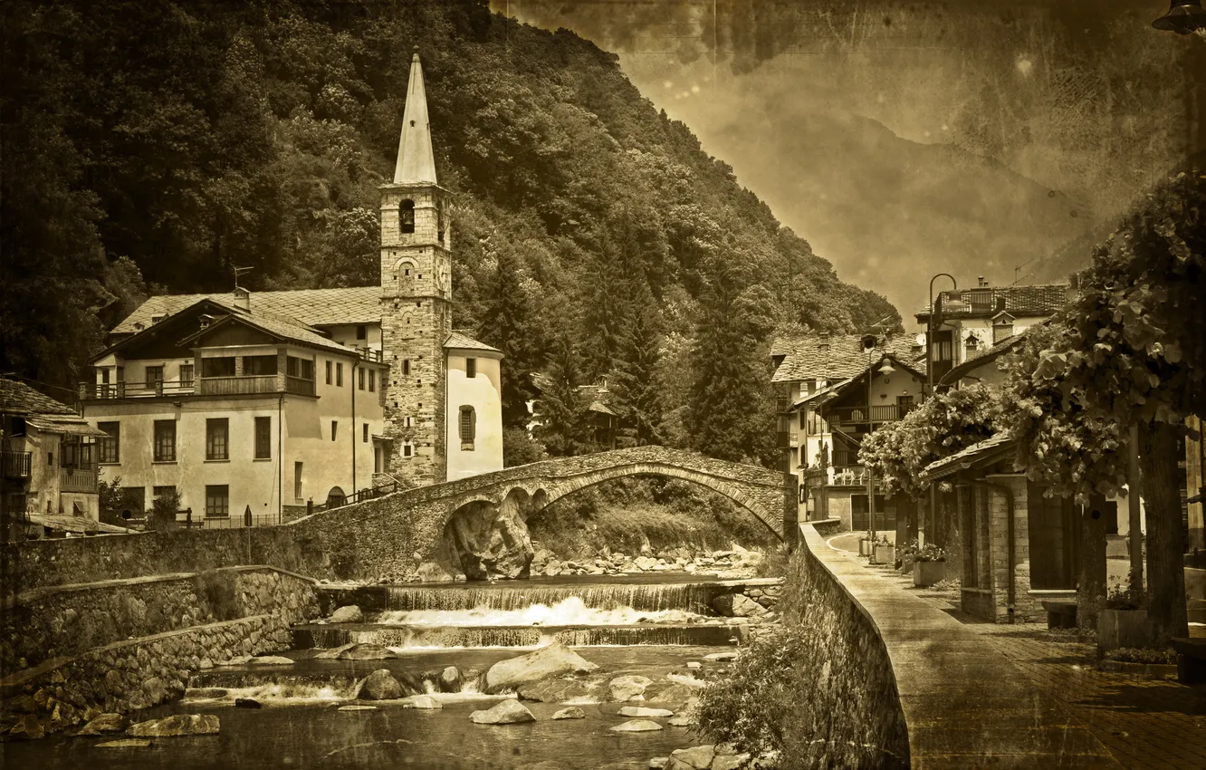 Photo wallpaper bridge, river, black and white