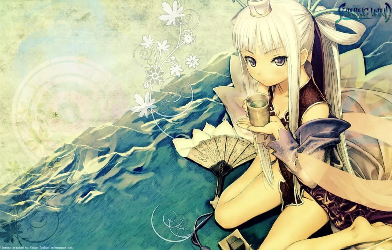 Photo wallpaper tea, fan, white hair, taka tony, barefoot, houmei, shining wind