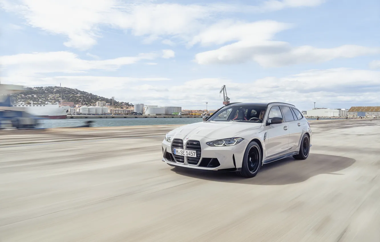 Photo wallpaper car, BMW, sky, clouds, speed, M3, BMW M3 Competition Touring M xDrive, G81